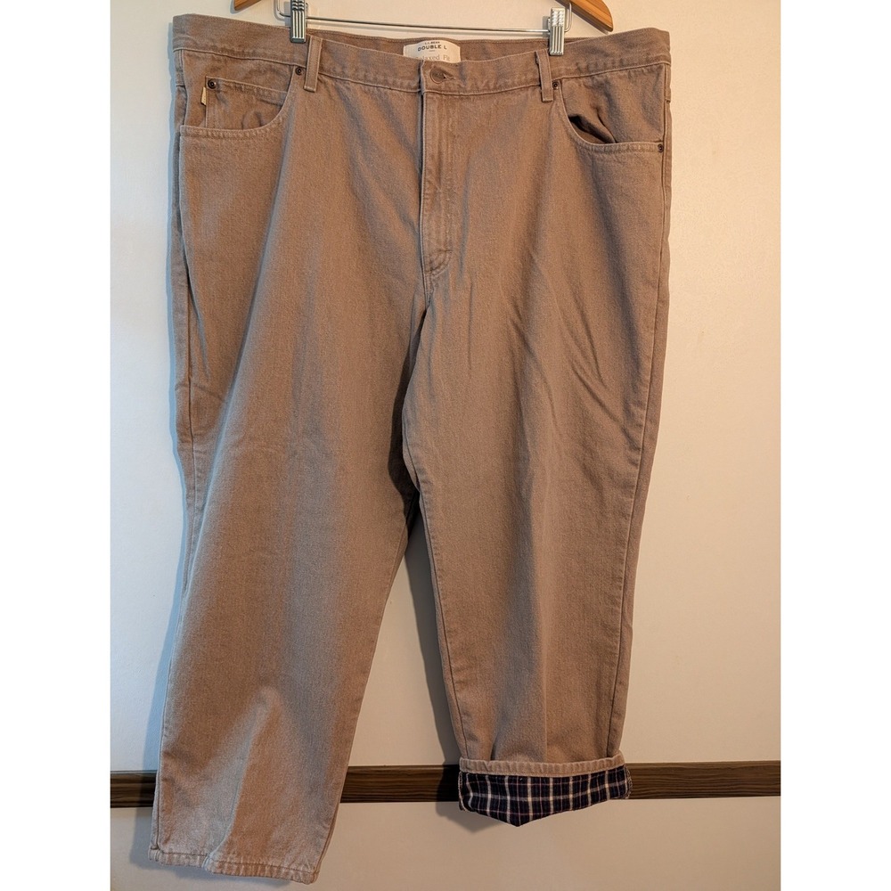 LL Bean Double L Relaxed Fit Flannel Lined Khaki Pants Mens 46x29 Tan Plaid